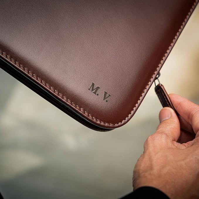 Personalized Maruse Leather Portfolio Padfolio - Executive Folio for Men and Women with Zipper, Folio Document Organizer, Laptop Sleeve, iPad Case and Folder - Made in Italy, Monogram Brown