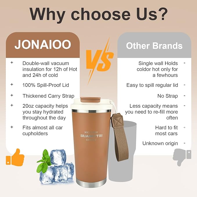 20oz Tumbler Stainless Steel Vacuum Insulated Coffee Travel Mug Reusable Iced Coffee Cup Hot Coffee Travel Mug with lid and straw Cupholder Friendly Leak-Proof BPA Free (Brown)