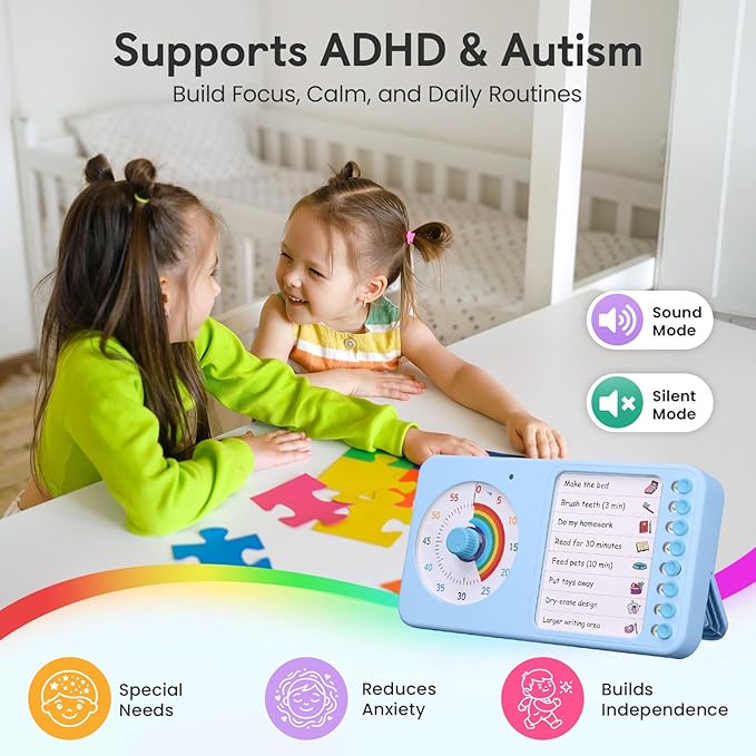 2-in-1 Visual Timer with Task Board for ADHD & Autism, Dry Erase Chore Chart and Visual Schedule for Kids & Adults, Rainbow Countdown Timer for Classroom, Home, Homeschooll (Blue)