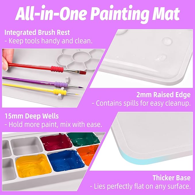 Paint Pad for Kids, Art Supplies for Kids Silicone Painting Mat, 23.6 x 15.8in Paint Mat with 3 Nylon Brushes, Art Mats for Crafts to Protect Table, Painting Pad Washable(Purple)