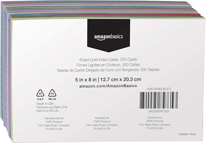 Amazon Basics Ruled Color Index Cards for Studying and Note-Taking, 5" x 8", 300 Count, Assorted Colors