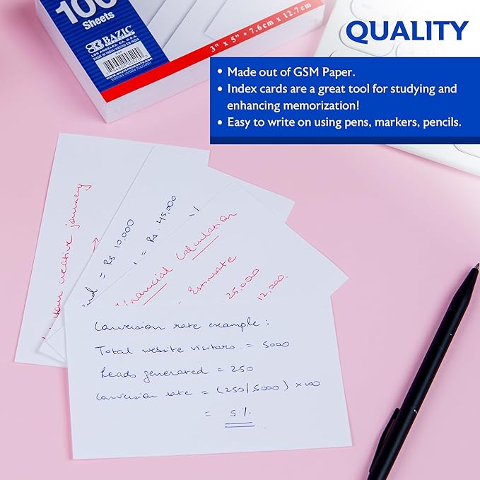 BAZIC Products Blank Index Cards 3" X 5" 200 Count, White Unruled Flashcards, Flash Card for Learning Memory Reminder (100/Pack), 2-Pack