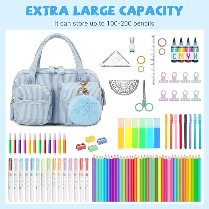 Pencil Case Corduroy Multiple Compartments Pouch Bag for Girl, Blue