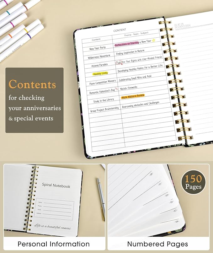 Lined Spiral Journal Notebook for Women, A5 Cute Hardcover Spiral Journals for Work, Note Taking, 150 Numbered Pages 100 GSM College Ruled Spiral Bound Notebook, 5.75" x 8.38", Spring Flowers