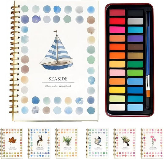 Watercolor Workbook - Coloring Book Beginner Friendly Painting Kit, Watercolor Workbooks for Adults with 24 Colors Paint, Exploration Gift for Adults Teens (Seaside)
