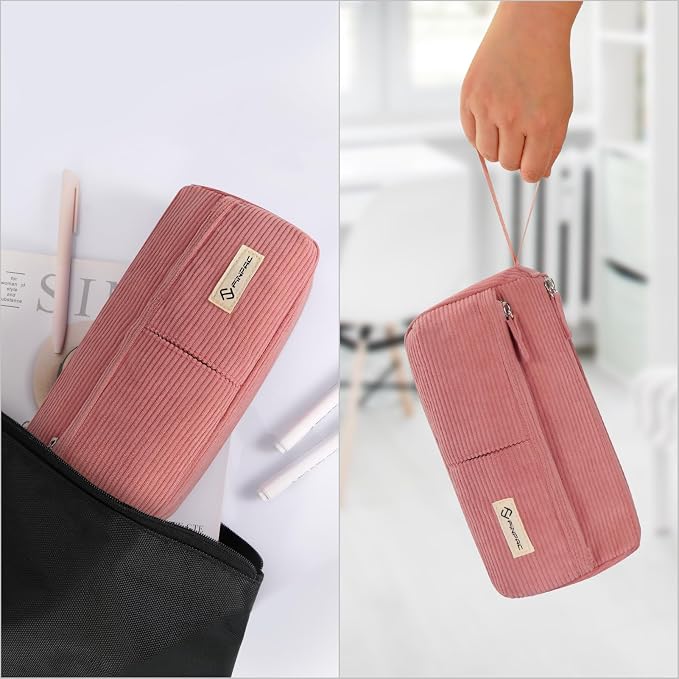 FINPAC Pencil Case, Corduroy Triangle Makeup Bag Kawaii Pen Bag Pouch | Pencil Holder Box Organize for Study, Office, or Travel, Pink