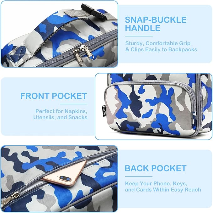 FlowFly Kids Lunch box Insulated Soft Bag Mini Cooler Back to School Thermal Meal Tote Kit for Girls, Boys,Blue Camo