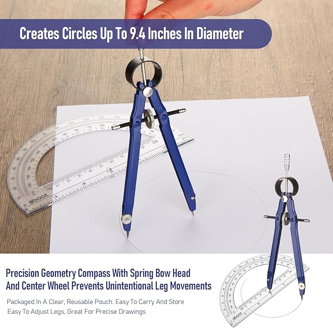 EBOOT Student Geometry Math Set, Metal Drawing Compass and 6 Inch Clear Swing Arm Protractors 180 Degree Math Protractor(Blue)