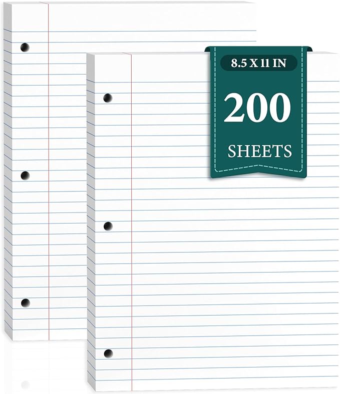 Wide Ruled Loose Leaf Paper, 200 Sheets Notebook Paper, Filler Paper 8.5 x 11 Wide Ruled Paper, 3 Hole Punch Binder Paper,Lined Paper for 3 Ring Binders, Writing Paper with Lines