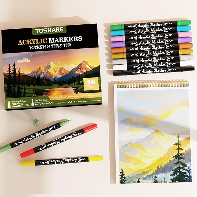 TOSHARE 48 Colors Acrylic Paint Markers, Brush & Fine Dual Tip Acrylic Paint Pens for Rock, Wood, Paper, Fabric, Canvas, Glass, Ceramic, Egg, Scrapbook and DIY Crafts Supplies Art Gifts