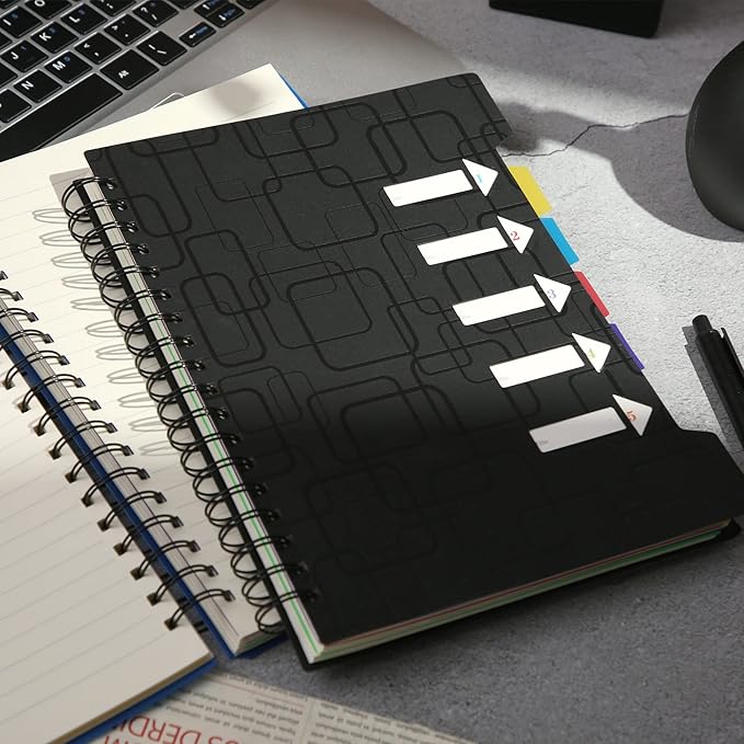 CAGIE 2 Pack Spiral Notebook for Work 5 Subject Notebook with Dividers Tabs A5 Spiral Bound Journal College Ruled 240 Pages for School Office Business Supplies Notebook Taking,5x7 (Black&Blue)