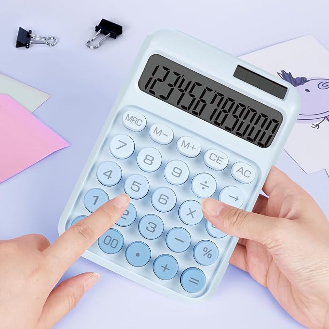 Mechanical Switch Calculator with Big Buttons, Calculators Desktop, 12 Digits, Solar Battery Power, Desk Calculator, Large LCD Display, Cute Blue Calculators for Teachers Students Basic Office