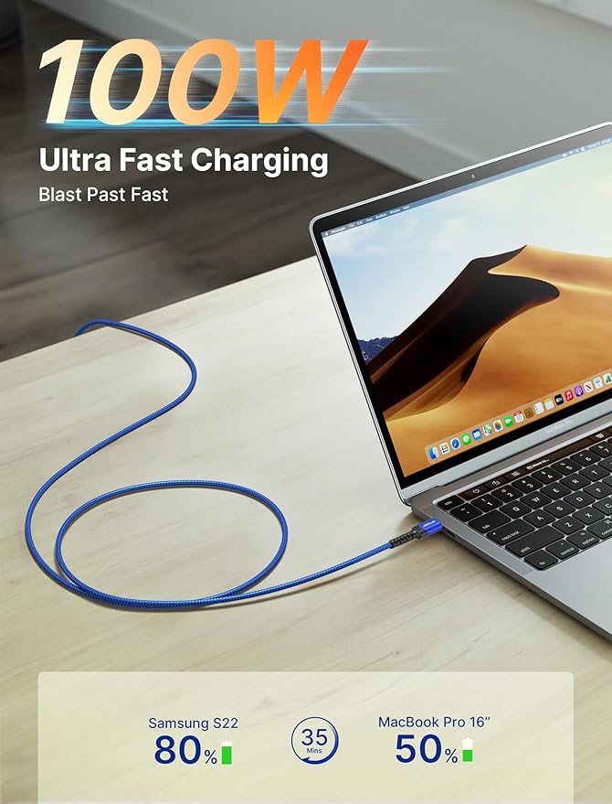 JSAUX 3-Pack USB C to USB C Cable 100W [6.6ft+6.6ft+6.6ft] Compatible with iPhone 17 Air 16 15 Pro Max Samsung Galaxy S25 S24 CarPlay iPad Pro, Type C to C Charger Cable Fast Charging - Blue