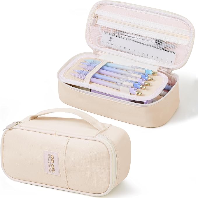 SKYDUE Beige Pencil Case for Girls & Boys – Large Capacity Zippered Pencil Pouch with Multi-Compartment, Aesthetic Pencil Bag for School & Office Supplies