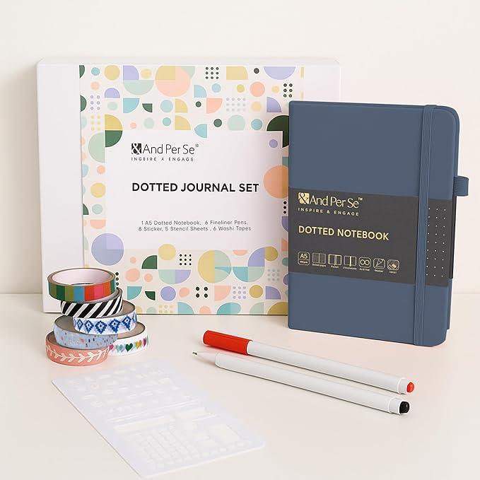 &And Per Se Journaling Supplies – Journaling Kit with Dotted Notebook, Stencils, Stickers, Washi Tapes & Colored Pens for Beginners (Dark Blue)