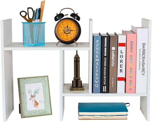 PAG Adjustable Desktop Shelf Wood Small Bookshelf Desk Supplies Organizers and Accessories Storage Display Rack Office Decor, White