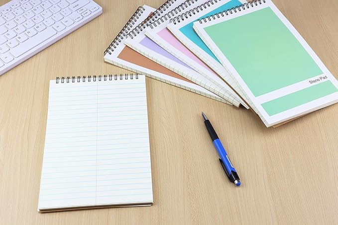 Steno Pad,6 Pack Top Spiral Notepads,6" x 9",80 Sheets, Gregg Rule Steno Notebook for Writing Notes in School, University, College, Office,Home