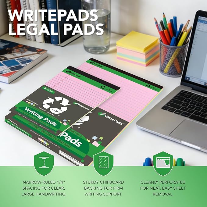 KAISA Colored Legal Pads - 5"x8" Narrow Ruled, 50 Sheets/Pad (8 Pads), Recycled Paper Writing Pad with Sturdy Back, Small Size for Easy Organization and Portability, KSU-6887