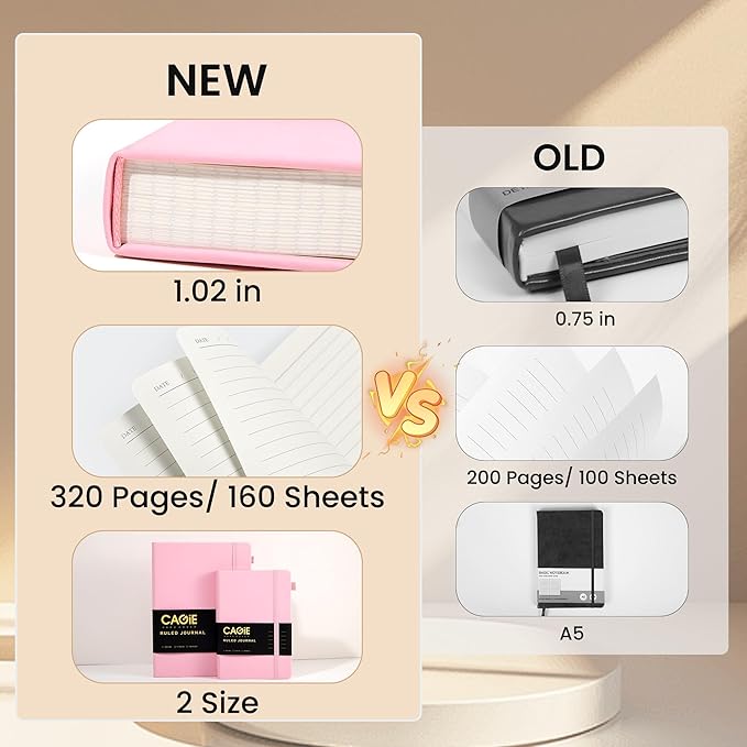 CAGIE Pink Journal Notebook for Women, 320 Pages College Ruled Notebook, 100 Gsm Paper Thick Lined Journal, A5 Hardcover Leather Journals for Writing, 5.7x8.3 In