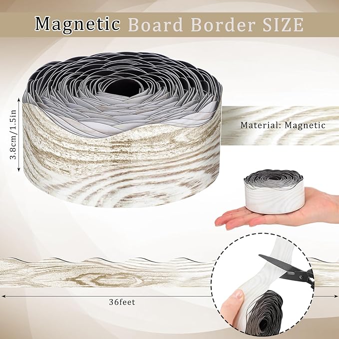 Tellegloww 36 ft Scalloped Magnetic Border Magnetic Border for Whiteboard Bulletin Board Borders Reusable Rolled Borders Trim for Office Chalkboard(Wood Grain)