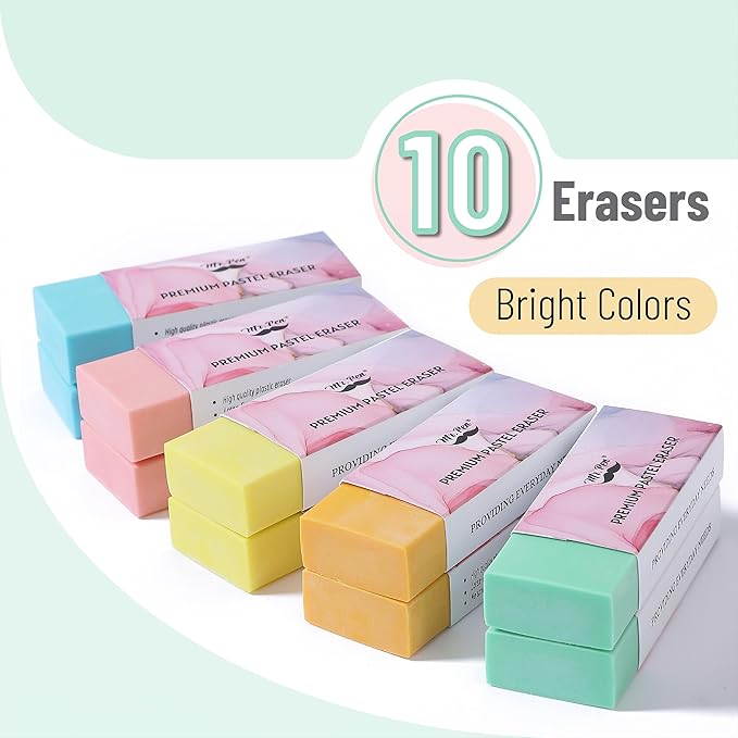 Mr. Pen- Pencil Eraser, 10 Pack, Large Latex Free Vinyl Block Erasers for School, Office, Art Sketching, Homework, Exams, Clean Smudge-Free Correction, Bright Colors