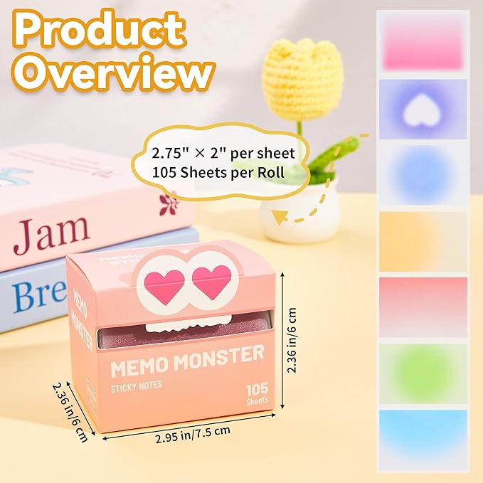 Monster Sticky Notes – Glittery Semi-Transparent Full-Adhesive Sticker Notes with Cute Monster Box, 105 Sheets for School Supplies, Office Products, Journaling, Scrapbooking & Labels (Pink)