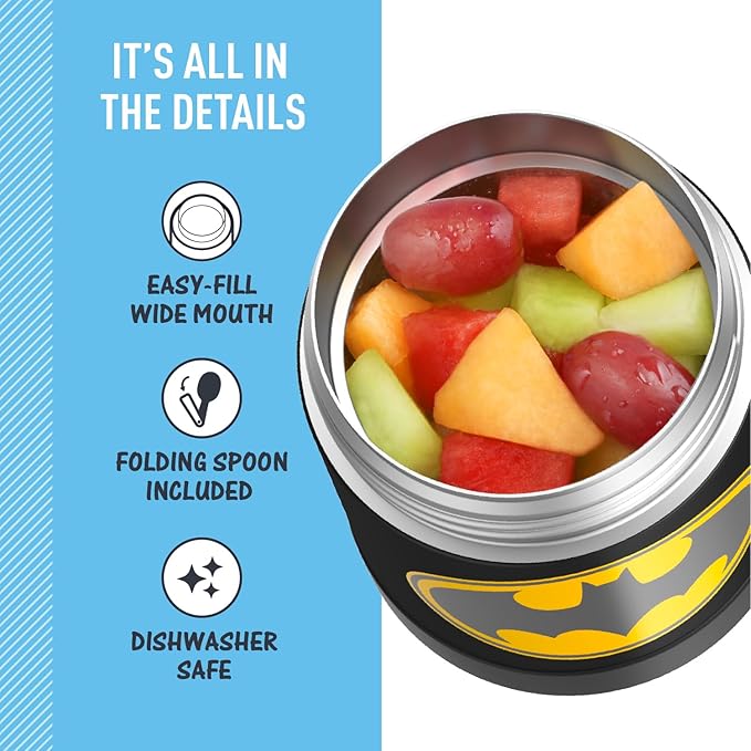 THERMOS FUNTAINER Insulated Food Jar, 10 Ounce, Kid Friendly Food Jar with Foldable Spoon, Batman (Pack of 6)