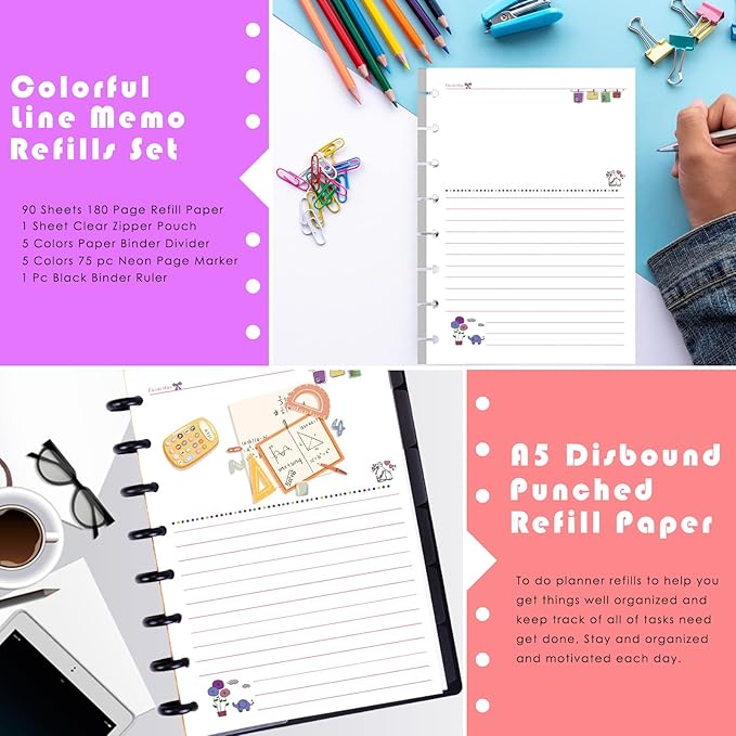 Rancco Discbound Notebook Refills, 180 Pages 8 Hole Punched Half Letter Lined Paper Inserts w/Index Tabs, Index Dividers, Loose-Leaf Bag, Ruler For Circa, Arc, TUL, Happy Planner, 5.5x8.5"