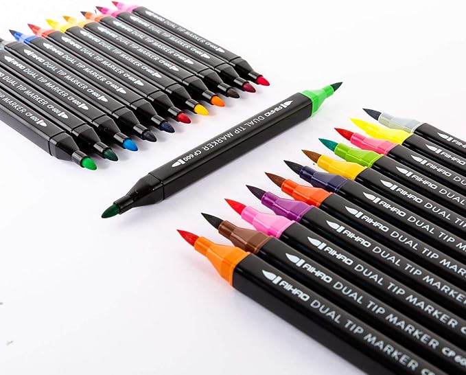 Markers for Kids,Washable Markers With Stand Portable Box,Dual Tip Set, Brush & Fine Tips, 24 Pack, Art Supplies for Coloring, Doodling, Sketching, Drawing, Journaling