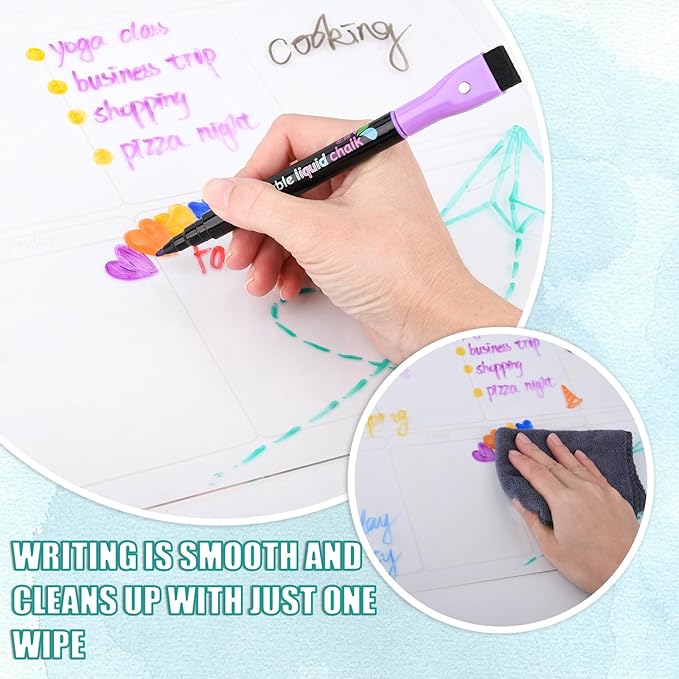 Magnetic Wet Erase Markers, Liquid Chalk Markers Ultra Fine Tip for Acrylic Calendar, Whiteboard Marker with Erasers Cap for Planning Board, Clear Glass, Low Odor Fine Tip Wet Wipe Pens, 8 Pack