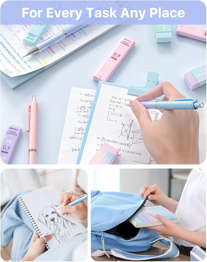 Four Candies Pastel Mechanical Pencil Set, 0.9mm Bold Point, Pack of 6 | 360 HB/2B Leads, 3 Erasers+9 Refills, Storage Case, Cute Pink/Purple/Blue Barrels, Rubber Grip, for Heavy Writing & Sketch