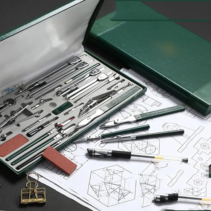 23 Piece Geometry Kit, Construction Engineering Design Professional Drawing Tools, with Large Extension Beam, for Drafting, Math and Making Circles, School, Drafting, Architecture