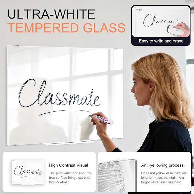24" x18'' Magnetic Glass Whiteboard, Frameless Wall Mounted Dry Erase Board, Anti Ghosting Scratch Resistant Glass Board for Home Office Classroom with Complete Mounting Accessories