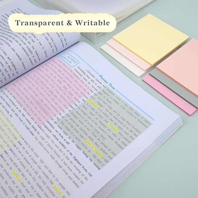 Temiary 6Pads Transparent Sticky Notes, Clear Sticky Note Waterproof See Through Memo Pad, Markers Stickers Translucent Index Book Tabs for Annotating Bible Study Supplies, 50Sheets/Pad