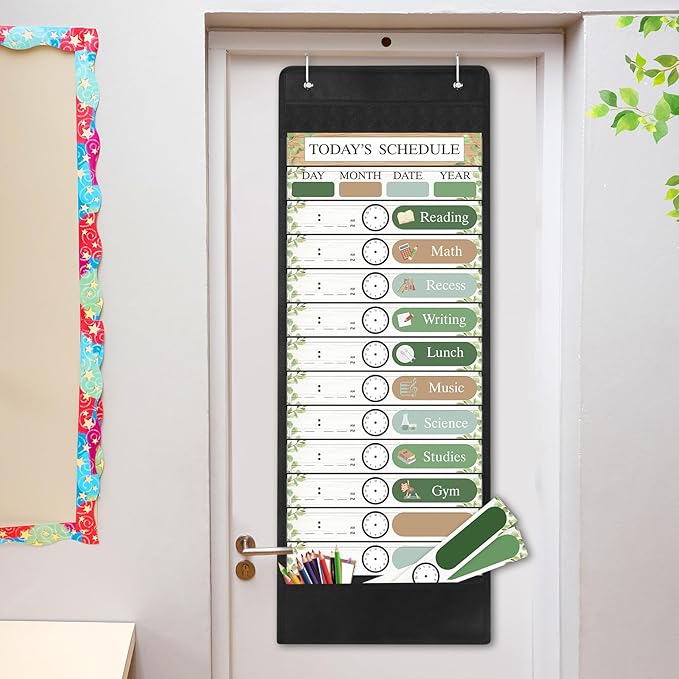 Pasimy Daily Schedule Pocket Chart with 31 Reusable Cards and 14 Pockets Classroom Decor Farmhouse Schedule Charts for School Office Home Educational Activity (Greenery)