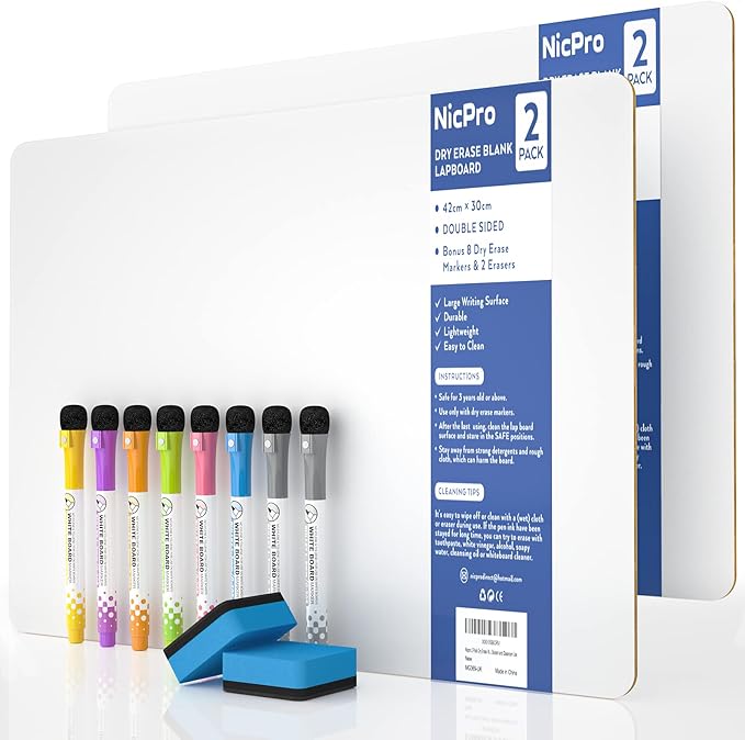 Nicpro Small Dry Erase Lapboard, 2 Pack Small White Board 12''x 16'' Mini White Board Double Sided with 8 Water-Based Pen, Portable Whiteboards for Kids Students Teachers Classroom Homeschool Supplies