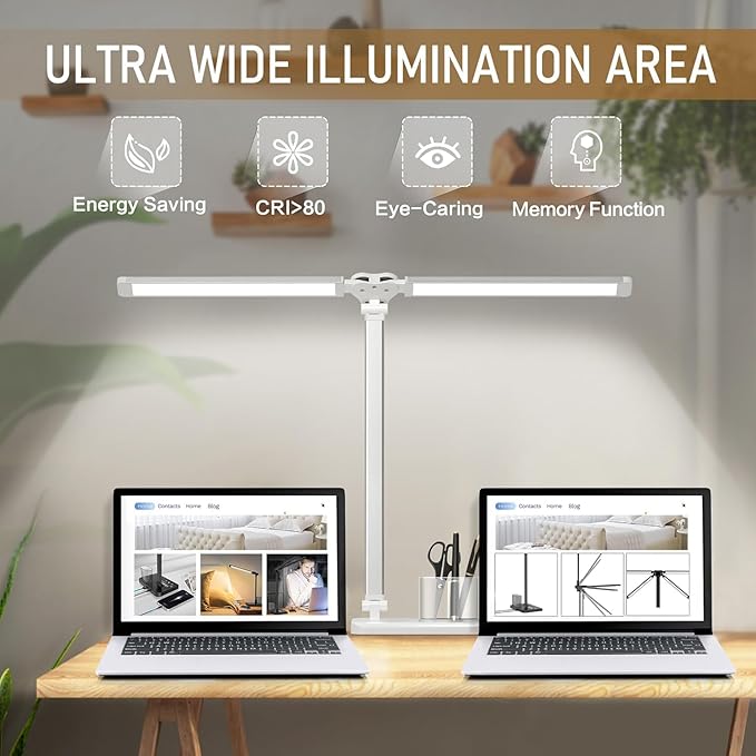 CHARYJOD LED Desk Lamp for Home Office, Eye-Caring Desk Light with USB Adapter, 10W 50 Lighting Modes Foldable Dual Swing Arm Architect Table Lamp Light for Reading, Study, Workbench, 45min Timer