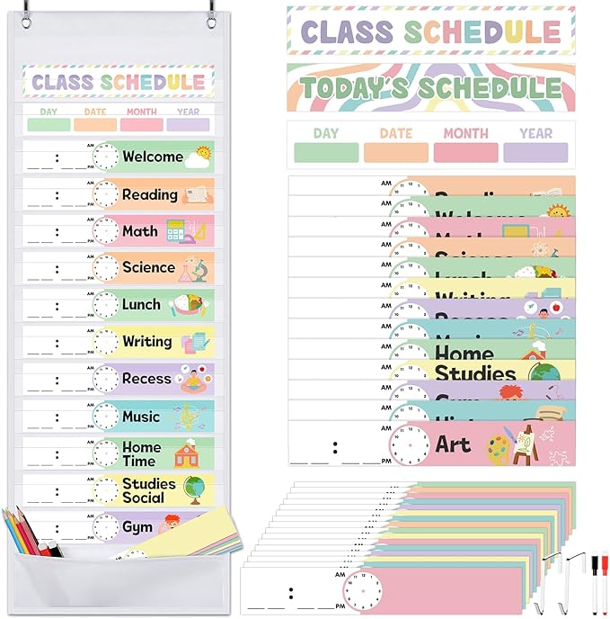 Kolldenn Daily Schedule Pocket Chart, 13+1 Scheduling Pocket Chart with 32 Pieces Reusable Cards Visual Schedule for School Office Home Preschool Activity(Pastel)