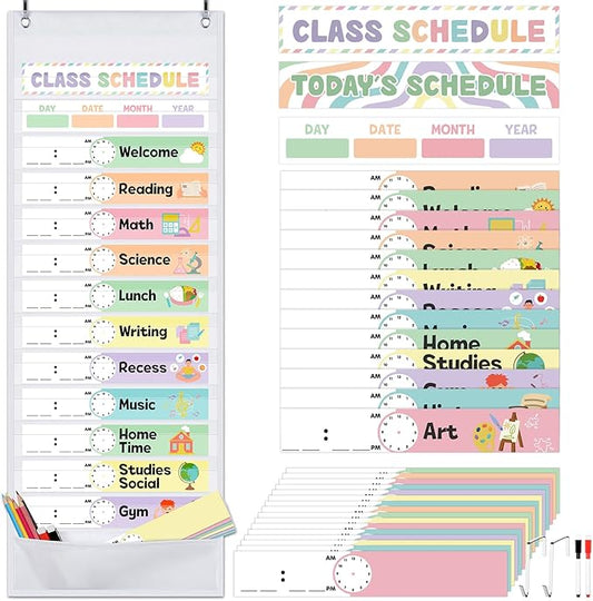 Kolldenn Daily Schedule Pocket Chart, 13+1 Scheduling Pocket Chart with 32 Pieces Reusable Cards Visual Schedule for School Office Home Preschool Activity(Pastel)