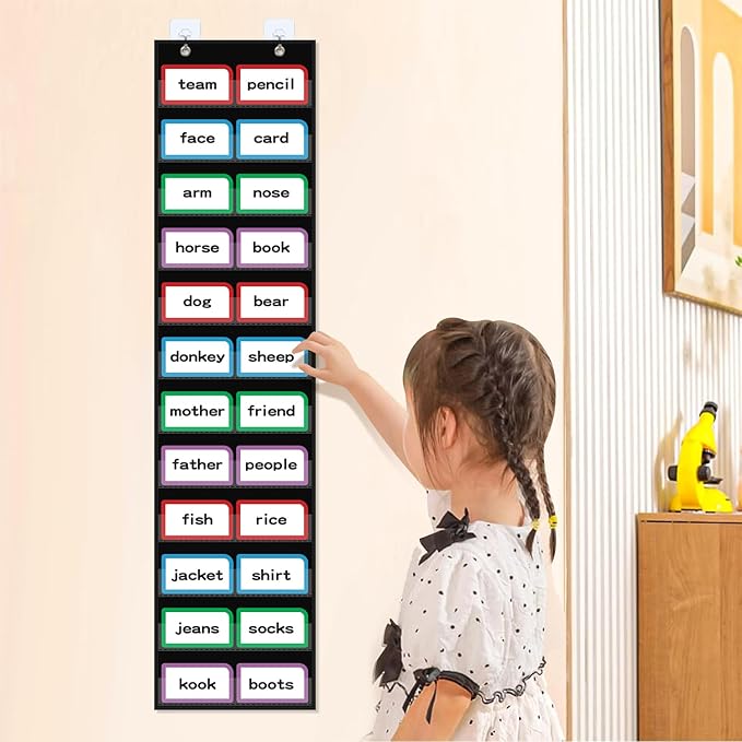 ANCOMEDO 10”W x 48.25”H Classroom Words Pocket Chart with 12 Clear Pockets, Black Standard Pocket Chart for Classroom and Home for Sentence Strips, Reusable Words Hanging Pocket Chart (Black)
