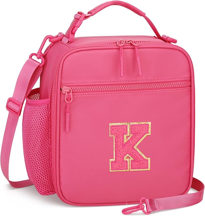 Initial Insulated Lunch Bag for Girls Kids, Back to School Gift, Reusable Leak-proof Lunch Box with Adjustable Strap for School Daycare Travel Picnic (Rosy Red,K)