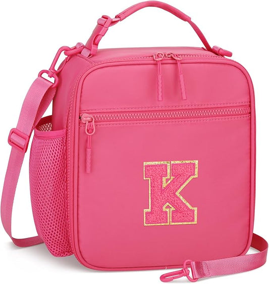 Initial Insulated Lunch Bag for Girls Kids, Back to School Gift, Reusable Leak-proof Lunch Box with Adjustable Strap for School Daycare Travel Picnic (Rosy Red,K)