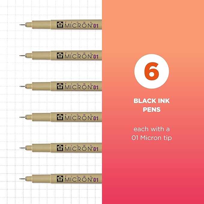 SAKURA Pigma Micron Fineliner Pens, 01 Tip Size, Archival Black Ink, 6 PK 50035