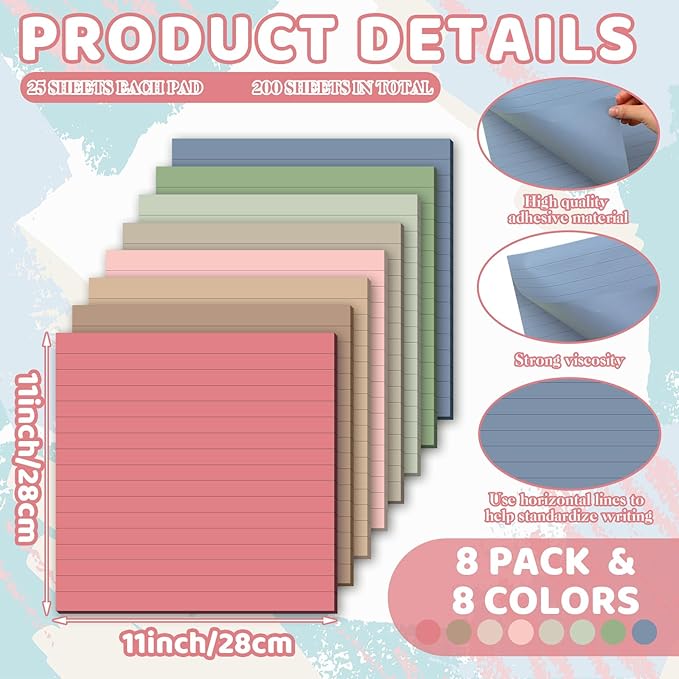 Qeeenar 8 Pads Big Sticky Notes 11 x 11 Inch Lined Jumbo Large Sticky Notes for Wall,Giant Strong Power Memo Square Post for Office, 25 Sheets/Pad(Retro Color)
