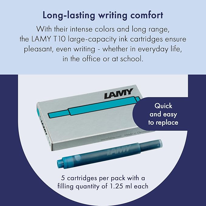 LAMY T10 Ink cartridges with Large Ink Capacity - Suitable for All Lamy Fountain Pen Models - Contents 1.25 ml per Cartridge - 5 Pieces per Pack - Ink Color Turquoise