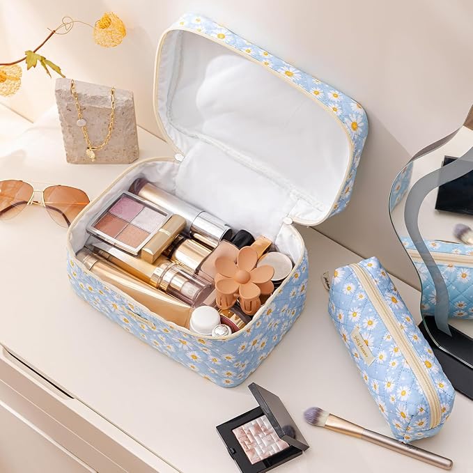 HBselect Quilted Makeup Bag, 3Pcs Cotton Large Travel Makeup Bags Organizer | Cute Floral Make up Bag Cosmetic Bag Toiletry Bag for Women Girls, Makeup Pouch for Skincare, Brushes & Travel Essentials