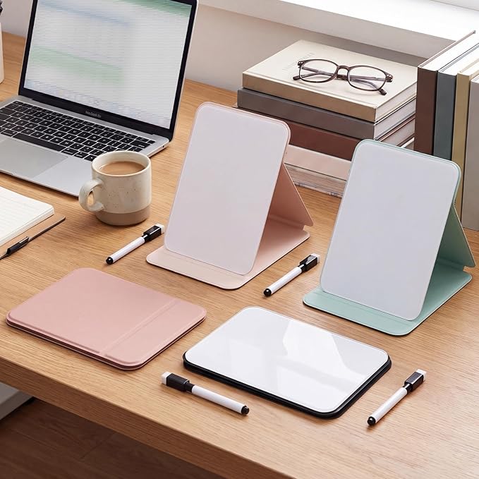 Dunzoom 4 Sets 8 Pcs Small Glass Desktop Whiteboard with Reversable Stand 8x6 Inch Mini Dry Erase White Board Easel with 2 Markers Reusable Desk Notepad for Home Office School Supplies (4 Colors)