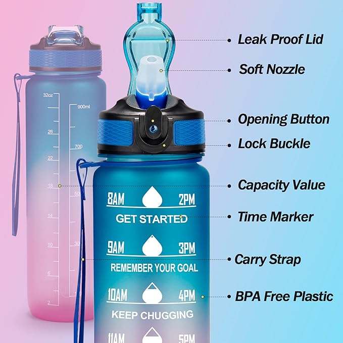 YC Kitchen Motivational Water Bottle with Time Marker - 32oz, Leak-proof BPA Free Sports Water Bottles with Straw & Carrying Strap