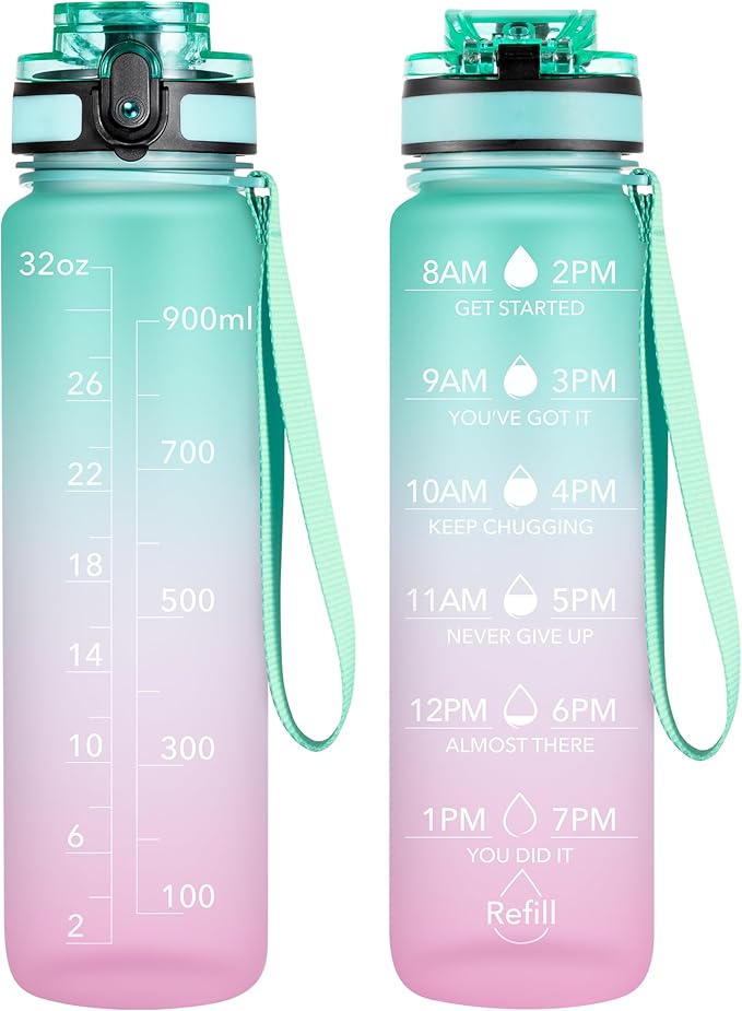 OLDLEY Water Bottle, 32oz Motivational Sports Water Bottle with Time Marker - Times to Drink - Tritan, BPA Free, Wide Mouth Leakproof, Anniversary Birthday Gifts for Men Women,Bubble Gum (1 Bottle)