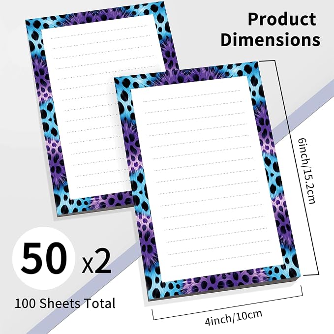 2 Pack Lined Sticky Notes 4x6 in, Cute Self-Stick Notepads with Lines, Large Memo Pads Strong Adhesive for Office, Home Purple Funny Leopard